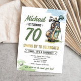 Surprise 70th Birthday invitation for a golfer. Featuring a golf bag and golf ball on the tee. Invitation template to edit in Corjl. By Tangled Tulip Designs