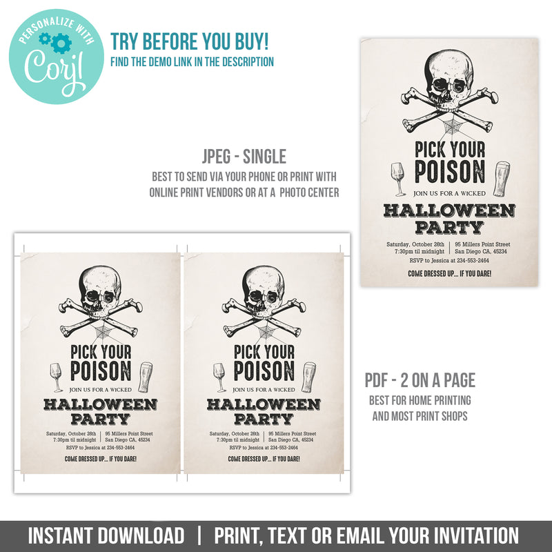 Halloween Party Invitation Template Pick Your Poison Skull