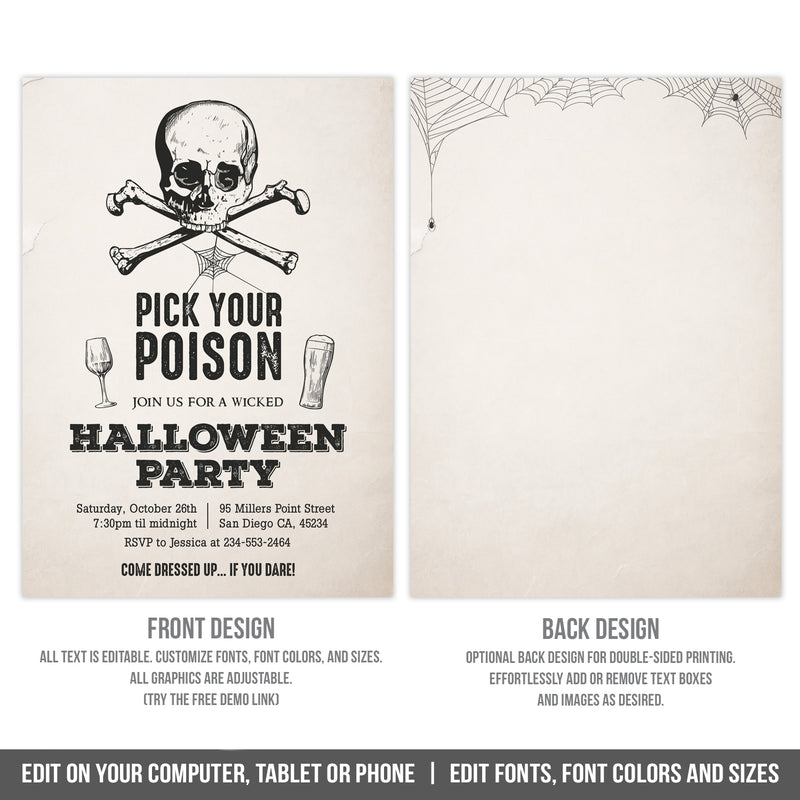 Halloween Party Invitation Template Pick Your Poison Skull