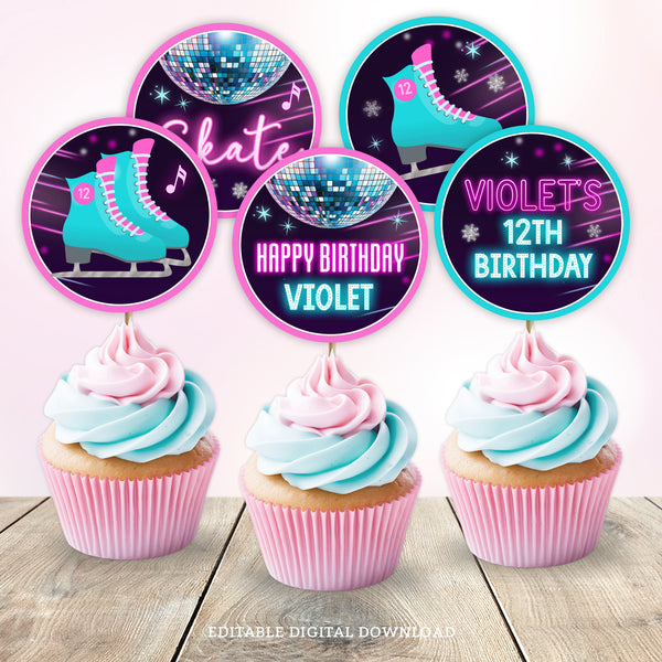 These neon glow Ice Skate party cupcake toppers feature ice skates, a sparkling glitter disco ball, and glitter silver snow flakes. Instant Download and Editable in Corjl. By Tangled Tulip Designs.