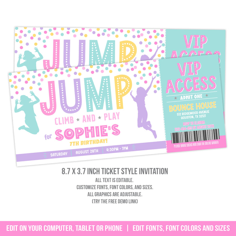 Jump Birthday Invitation Ticket Girls, Jump, Climb and Play Party Invite