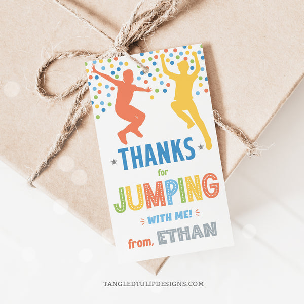 Say "Thanks for Jumping" with these fun Jump party favor tags. Featuring boys jumping high and colorful balls flying around, these editable tags add the perfect personal touch to your Jump birthday party favors. Digital Template, edit in Corjl. By Tangled Tulip Designs.