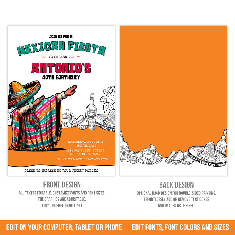 Editable Mexican Fiesta Birthday Invitation. Dabbing Fiesta Digital Invite with Tequila & Nachos