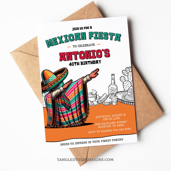 This Mexican Fiesta Birthday Invite features a man dabbing in his poncho, surrounded by an iconic Mexican party with tequila, nachos, tacos, and sombrero. Instant Download and Editable in Corjl. By Tangled Tulip Designs.