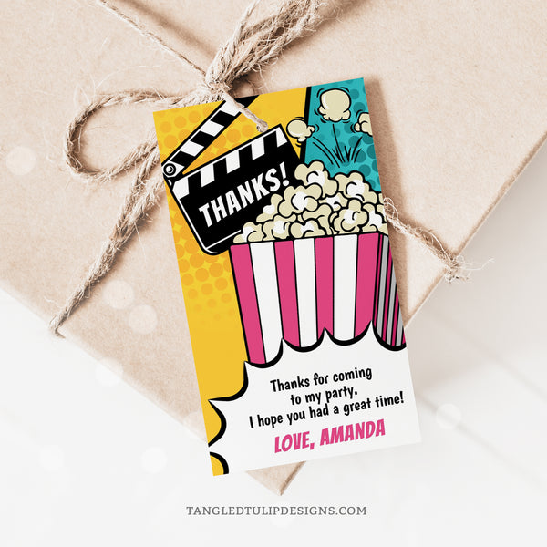 Thank your guests with these vibrant Movie Party Thank You tags for girls. Featuring a big box of popcorn and a clapper board thanking guests, these editable tags add the perfect personal touch to your movie birthday party favors.  Tangled Tulip Designs - Birthday Invitations