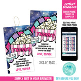 Movie Night Party Tags for girls. EDITABLE Movie Party Thank You Tags. Popcorn & Movie Birthday Tags, Instant Download MO2