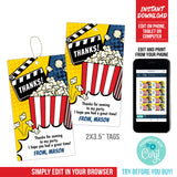 Movie Party Thank You Tags for boys. EDITABLE Movie Party Favor Gift Tags. Popcorn & Movie Birthday Tags, Instant Download MO1