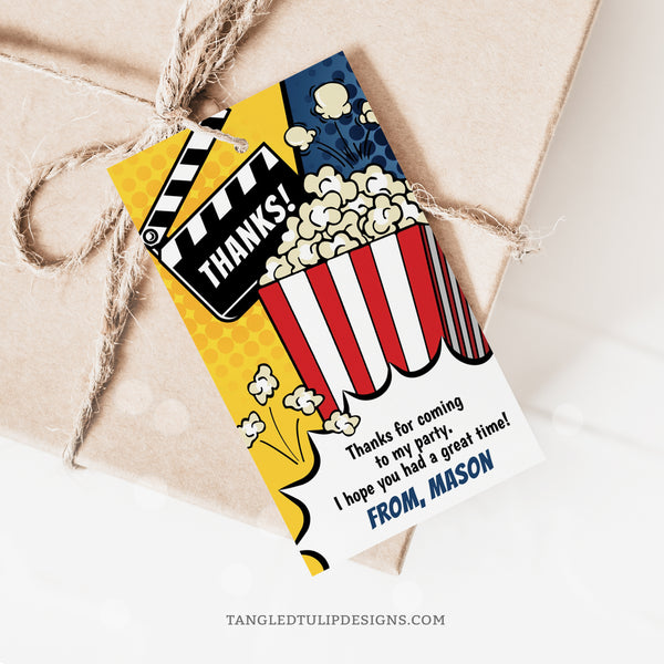 Thank your guests with our vibrant Movie Party Thank You tags. Featuring a big box of popcorn popping all over the tag and a clapper board thanking guests, these editable tags are perfect for adding a personal touch to your movie birthday party favors. Tangled Tulip Designs - Birthday Invitations