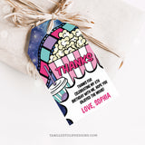 Thank your guests with these editable Movie Night Favor tags. Featuring a box of popcorn, a drink and vibrant movie strip, these editable tags are perfect for adding a personal touch to your movie night birthday party favors. Instant Download and Editable in Corjl. By Tangled Tulip Designs.
