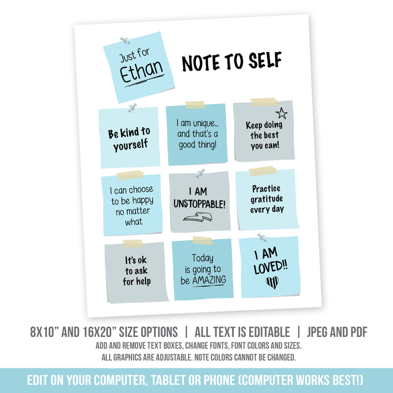 EDITABLE Daily affirmations for kids. Encouragement Mantras Note to Self. Mental health for Boys NOT1