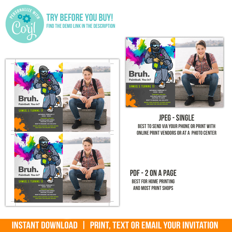 Paintball party invitation. Editable Bruh, Paintball Birthday Digital Invite with Photo of Boy