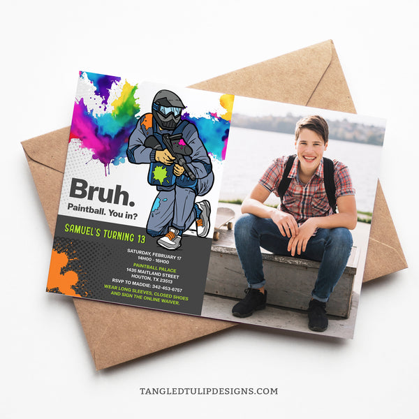 Get ready for an awesome Paintball Party! This editable invitation features a paintballer splattered with vibrant color paint splats - a perfect fit for teen boys. Featuring his photo, this is the ultimate invite for an unforgettable paintball birthday bash. Tangled Tulip Designs - Birthday Invitations