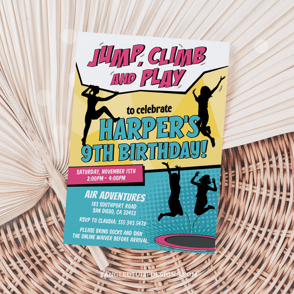 This editable Jump, Climb and Play birthday invitation is perfect for a bouncing trampoline and climbing party, and features girls jumping and climbing all over the invite. Tangled Tulip Designs - Birthday Invitations