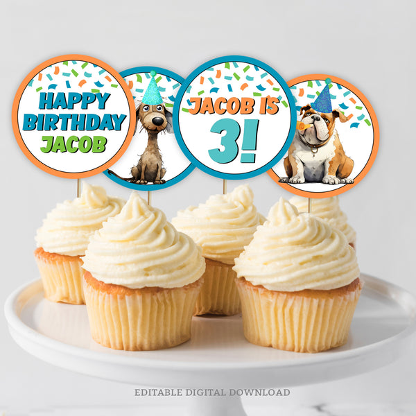 Get ready to "pawty" with these cool Puppy Dog cupcake toppers! They feature cute dogs and puppies in party hats, with colorful confetti. With all text fully editable and 6 different designs to mix &amp; match, you can customize these toppers to suit your party theme perfectly. 
