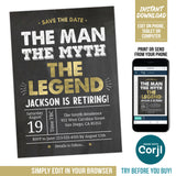 Retirement Party Save the Date. EDITABLE The Man The Myth The Legend Is Retiring Save the Date card. Gold Printable RE1