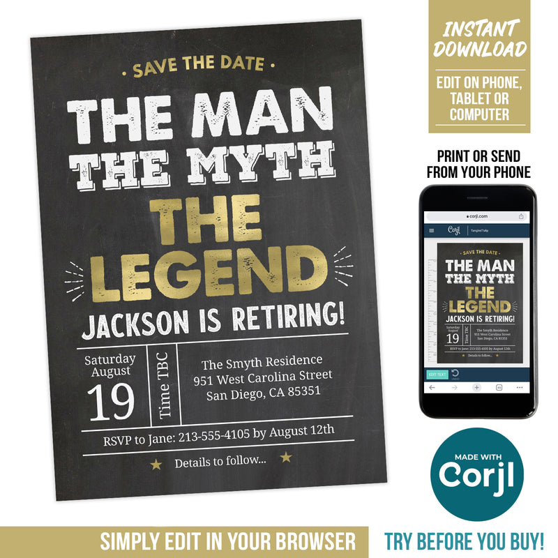 Retirement Party Save the Date. Editable The Man The Myth The Legend Is Retiring Save the Date Card