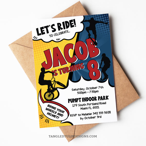 An editable Party Invitation for a Riding Birthday Party in a vibrant comic style design. Ramp up the excitement for a BMX bike, skater, scooter birthday party. Let's Ride!