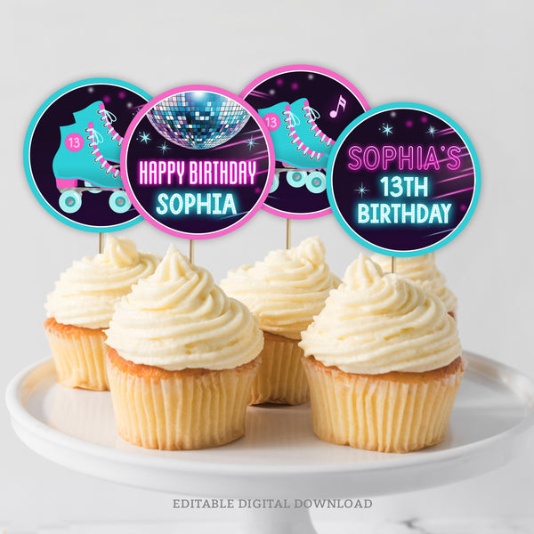 These funky neon glow Roller Skate party cupcake toppers feature roller skates, a glitter disco ball, and sparkles. Add a personal touch to your cupcakes with these toppers that can be personalized to suit your party. Instant Download and Editable in Corjl. By Tangled Tulip Designs.