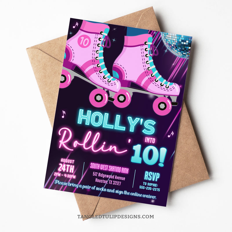 An editable Roller Skating Birthday Invitation, in a vibrant neon glow design, with roller skates and a glitter disco ball. For a girl who's rollin' in to the ultimate skating Birthday celebration!