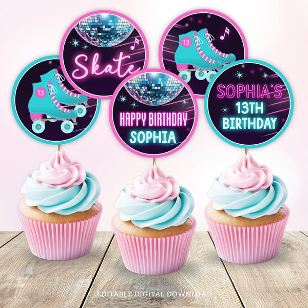 These funky neon glow Roller Skate party cupcake toppers feature roller skates, a glitter disco ball, and sparkles. Add a personal touch to your cupcakes with these toppers that can be personalized to suit your party. Instant Download and Editable in Corjl. By Tangled Tulip Designs.