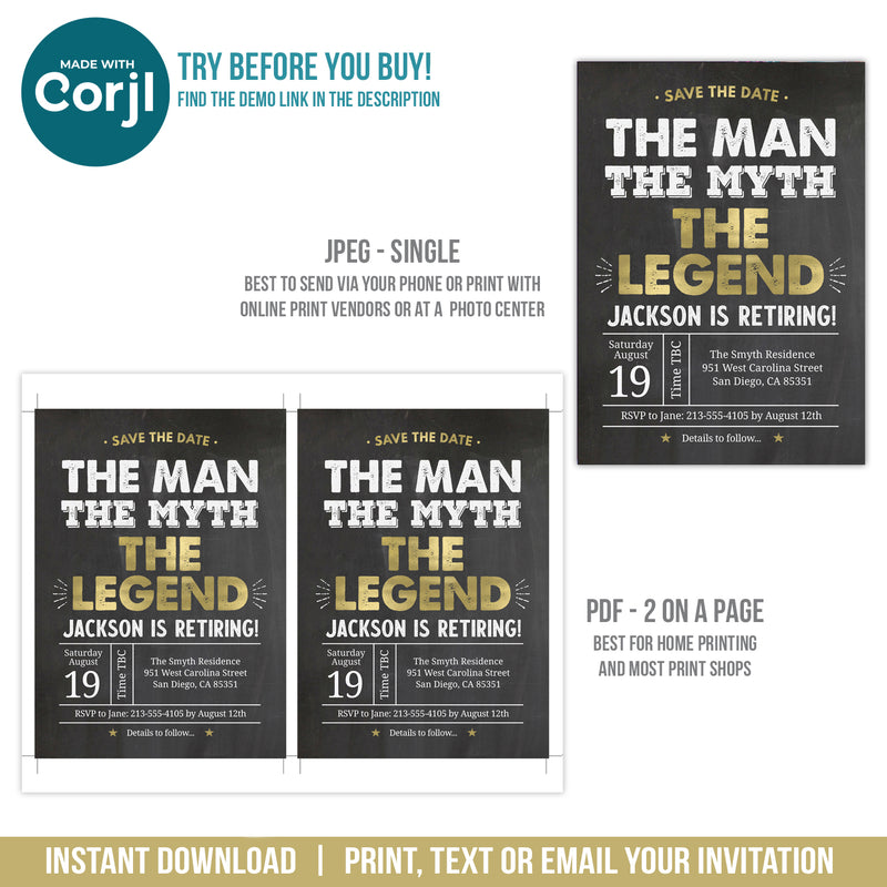 Retirement Party Save the Date. EDITABLE The Man The Myth The Legend Is Retiring Save the Date card. Gold Printable RE1