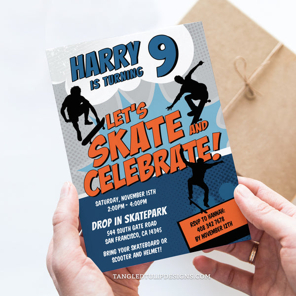 Get ready for an epic Skateboarding Birthday with our vibrant comic-style invitation! Bursting with energy in vibrant orange and blues, this invite features skateboarders tearing up the scene. Instant Download and Editable in Corjl. By Tangled Tulip Designs.