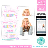 Sleepover Party Invite with photo. Editable Pillow Fight Birthday Invitation. Girls Slumber Party