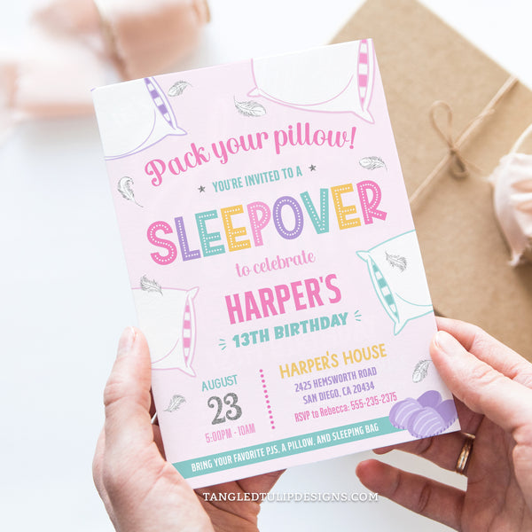 An editable Sleepover party invitation for girls. Ready for a fun-filled pillow fight, this design features fluffy pillows and delicate feathers floating around. Pack Your Pillow, girls! Tangled Tulip Designs - Birthday Invitations