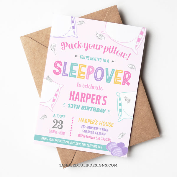 An editable Sleepover party invitation for girls. Ready for a fun-filled pillow fight, this design features fluffy pillows and delicate feathers floating around. Pack Your Pillow, girls! Tangled Tulip Designs - Birthday Invitations