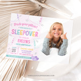 An editable Sleepover party invitation featuring a photo of the birthday girl. Ready for a fun-filled pillow fight, this invite is adorned with fluffy pillows and delicate feathers floating around. Pack Your Pillow, girls... it's a slumber party! Tangled Tulip Designs - Birthday Invitations