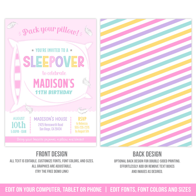 Sleepover Party Invite for Girls. Sleepover Birthday Invitation Template