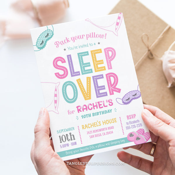 This charming Sleepover party invitation is designed just for girls. Soft pastel tones create a dreamy backdrop, with plush pillows, cozy eye masks, and snuggly slippers. This editable invitation sets the scene for an unforgettable sleepover party. Pack your pillows, girls! Tangled Tulip Designs - Birthday Invitations
