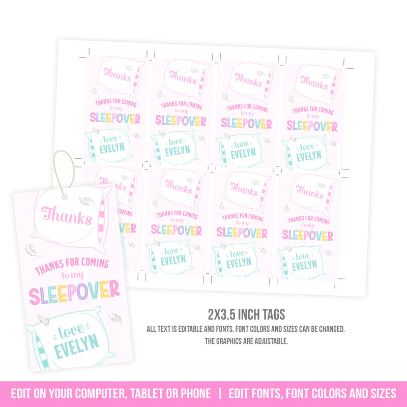 Sleepover Party Tags. EDITABLE Slumber Party Thank You Favor Gift Tags. Pillows, Feathers. Instant Download SLE1