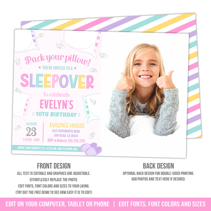 Sleepover Party Invite with photo. Editable Pillow Fight Birthday Invitation. Girls Slumber Party