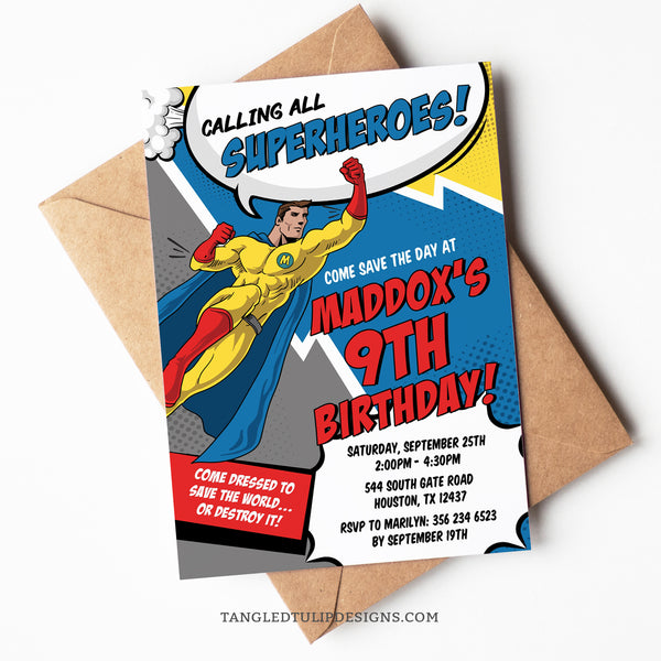 This editable Superhero party invitation features a vibrant comic style design. Calling all Superheroes to save the day on his birthday.