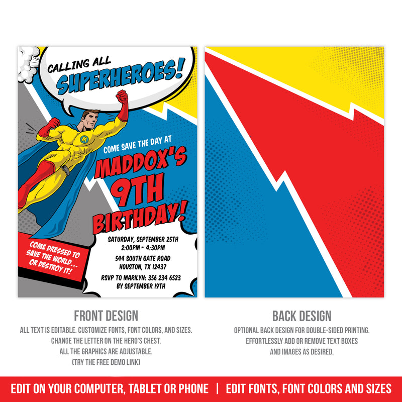 Editable Superhero Party Invitation, Calling All Superheroes Boy Comic Digital Birthday Invite