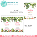 Editable Tropical 60th Birthday Invitation for a Woman with Palm Trees, Digital Party Invite