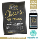 Editable Whiskey Birthday Invitation for a 40th Birthday or Any Age. Cheers Whiskey Party Digital Invite