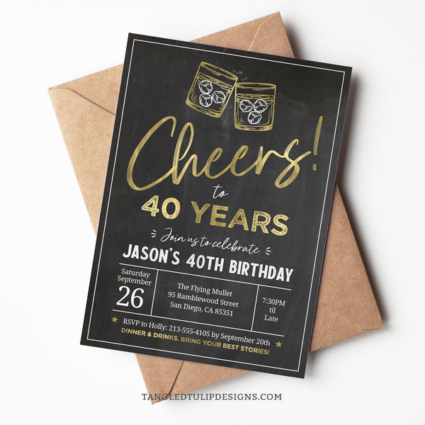 An elegant Cheers Whiskey Theme Birthday Invitation design featuring gold whiskey glasses raised for a toast on a classic chalkboard background. Perfect for celebrating a whiskey lover's 40th birthday or customizable for any age. Instant Download and Editable in Corjl. By Tangled Tulip Designs.