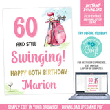 Editable Woman Golfer 60th Birthday Sign, 60 and Still Swinging Happy 60th Birthday Digital Sign