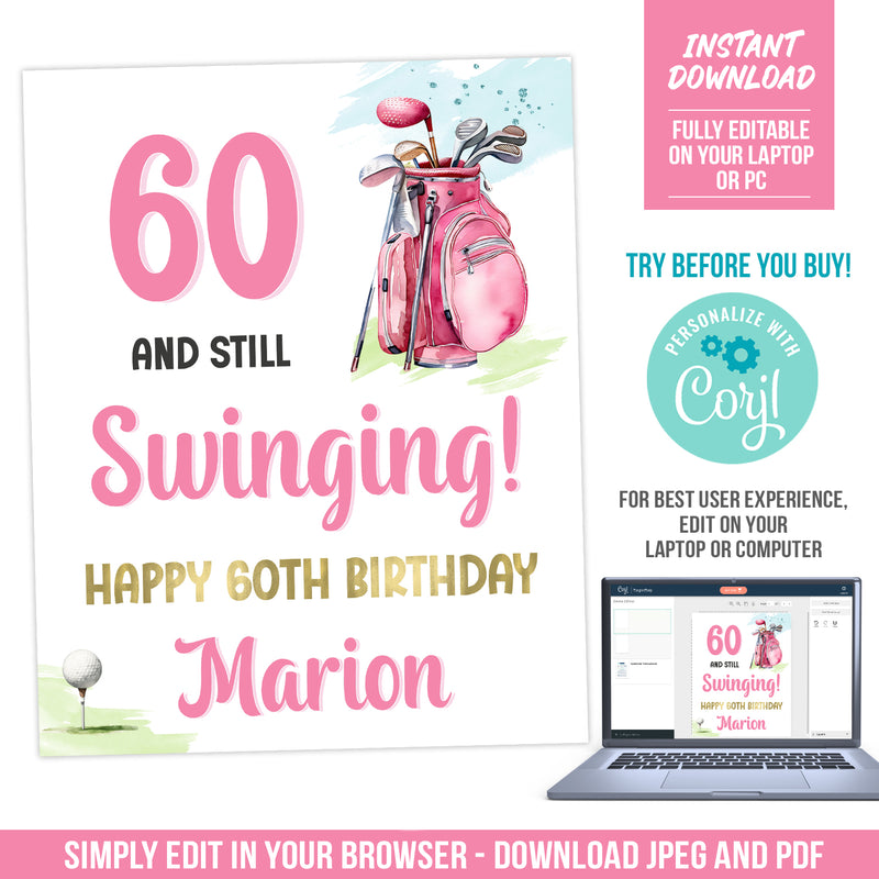 Editable Woman Golfer 60th Birthday Sign, 60 and Still Swinging Happy 60th Birthday Digital Sign