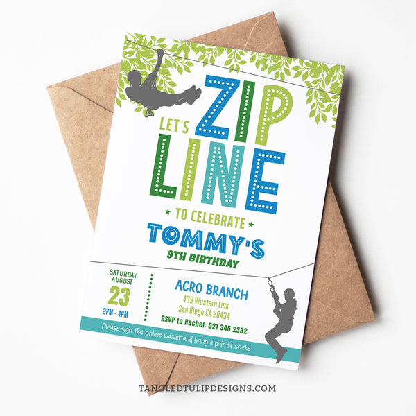 An editable party invitation for zipline party fun! Featuring a blue, green and teal color scheme with boys ziplining through the trees, this invitation promises an action-packed party to remember. Tangled Tulip Designs - Birthday Invitations