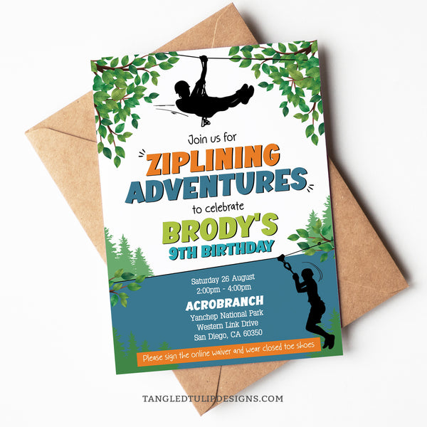 This editable zipline party invite features boys ziplining through the treetops, promising an action-packed ziplining adventure birthday party. Tangled Tulip Designs - Birthday Invitations