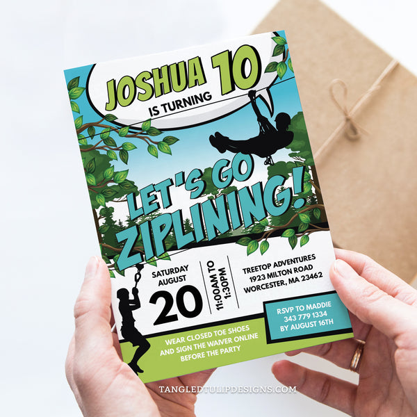 Get ready to zip into birthday fun! This editable ziplining invitation features boys ziplining all over, setting the scene for an outdoor thrill-seeker's party. In a cool teal and lime color scheme. Tangled Tulip Designs - Birthday Invitations