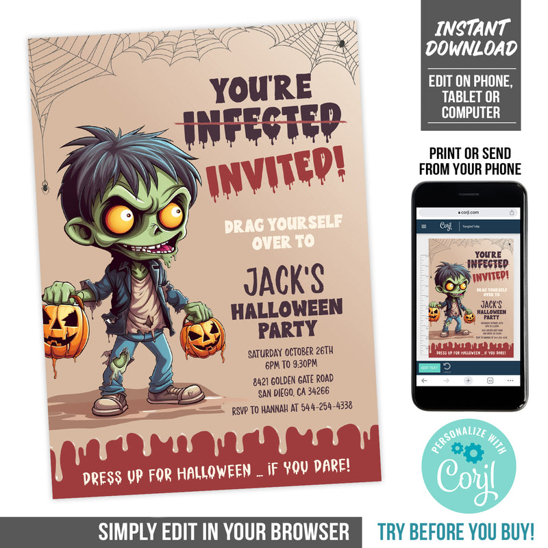 Zombie Halloween Party Invitation Template for Kids