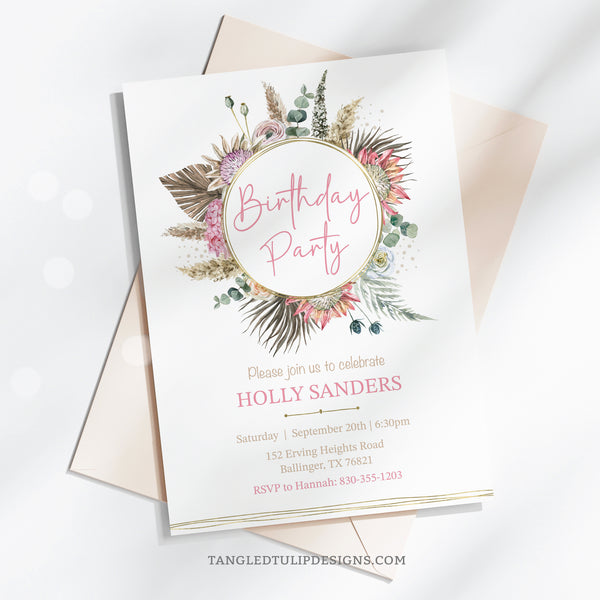 An enchanting Boho Floral Birthday Party Invitation, designed to infuse your celebration with elegance and charm. Featuring a watercolor floral wreath adorned with beautiful proteas and delicate gold accents. This versatile design is suitable for women of any age. Tangled Tulip Designs - Birthday Invitations