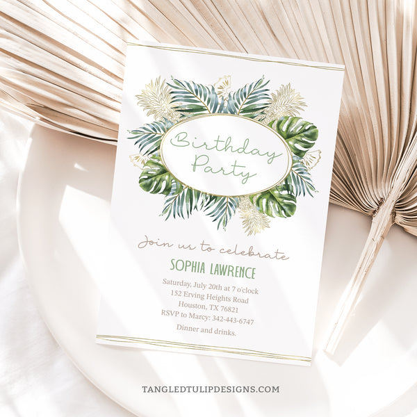 An elegant Birthday party invitation for women with watercolor tropical leaves and gold pineapple accents. Tangled Tulip Designs - Birthday Invitations