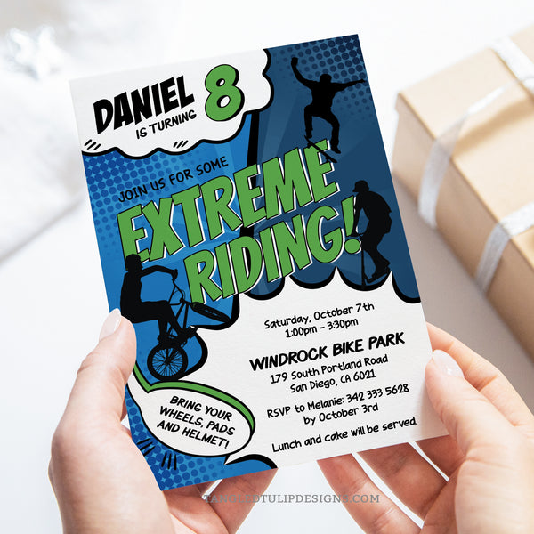 Extreme Riding birthday party invitation for boys, featuring BMX bikers, skaters, and scooter riders doing tricks all over the invite! With a cool comic-style design, this invitation promises an action-packed party for boys who love extreme riding! Tangled Tulip Designs - Birthday Invitations