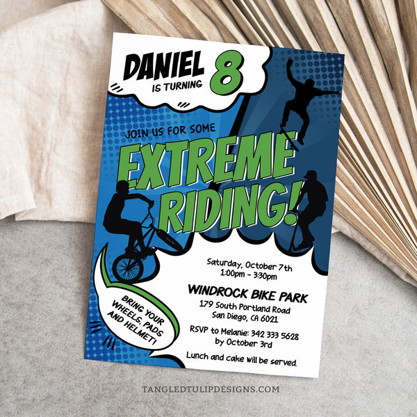 Extreme Riding birthday party invitation for boys, featuring BMX bikers, skaters, and scooter riders doing tricks all over the invite! With a cool comic-style design, this invitation promises an action-packed party for boys who love extreme riding! Tangled Tulip Designs - Birthday Invitations