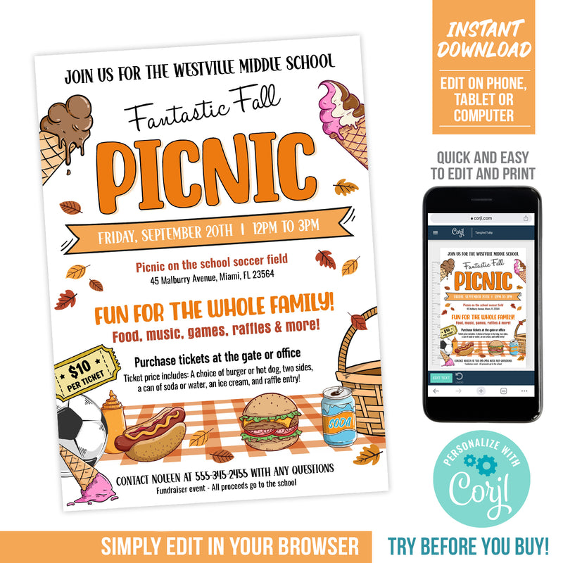 Editable Fall Picnic Flyer Template for School or Community Fundraiser